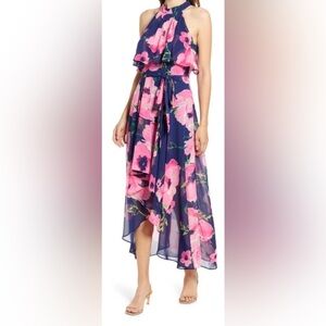 ELIZA J FLORAL HALTER NECK POPOVER CHIFFON MIDI DRESS IN NAVY PINK SZ  12